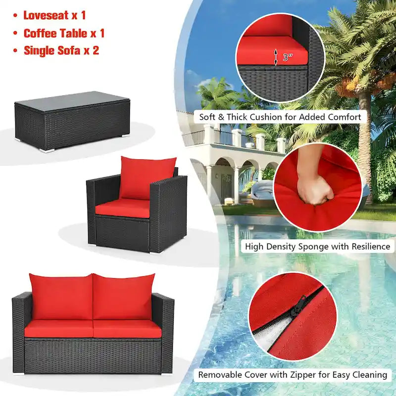 Ensemble de mobilier de jardin en rotin Costway 4 pièces, canapé et fauteuil rembourrés couleur café - Voir la description