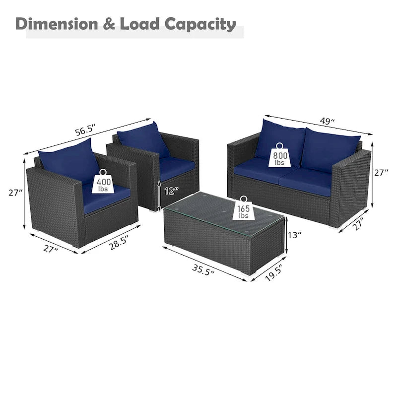 Ensemble de mobilier de jardin en rotin Costway 4 pièces, canapé et fauteuil rembourrés couleur café - Voir la description