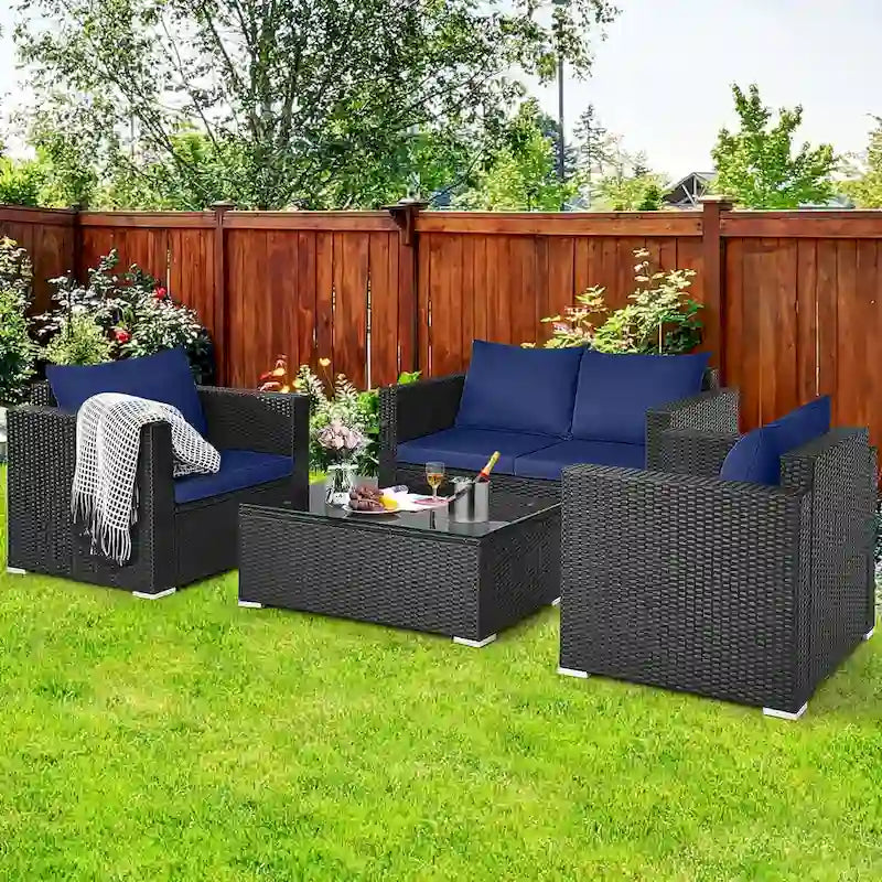 Ensemble de mobilier de jardin en rotin Costway 4 pièces, canapé et fauteuil rembourrés couleur café - Voir la description