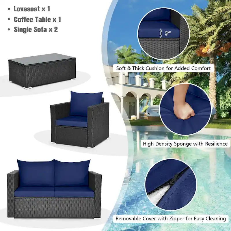 Ensemble de mobilier de jardin en rotin Costway 4 pièces, canapé et fauteuil rembourrés couleur café - Voir la description