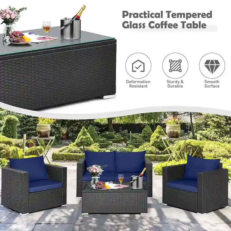 Ensemble de mobilier de jardin en rotin Costway 4 pièces, canapé et fauteuil rembourrés couleur café - Voir la description