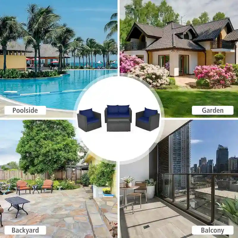 Ensemble de mobilier de jardin en rotin Costway 4 pièces, canapé et fauteuil rembourrés couleur café - Voir la description