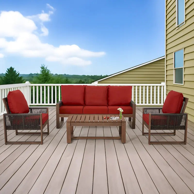 Ensemble de canapé d'extérieur 4 pièces avec table basse, mobilier de patio en résine tressée PE et bois de cèdre, ensemble de conversation de jardin avec coussins épais