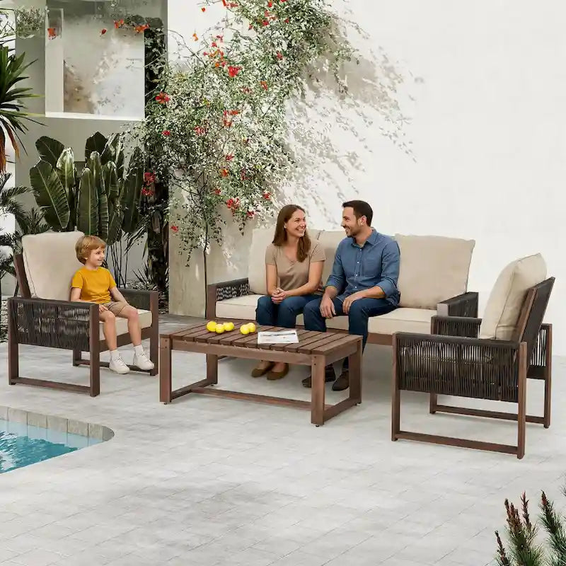 Outdoor 4-Piece Sofa Set with Coffee Table, PE Wicker & Cedar Wood Patio Furniture, Garden Conversation Set with Thick Cushions
