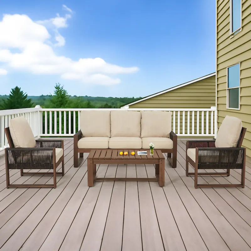 Ensemble de canapé d'extérieur 4 pièces avec table basse, mobilier de patio en résine tressée PE et bois de cèdre, ensemble de conversation de jardin avec coussins épais