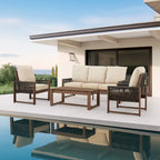 Ensemble de canapé d'extérieur 4 pièces avec table basse, mobilier de patio en résine tressée PE et bois de cèdre, ensemble de conversation de jardin avec coussins épais
