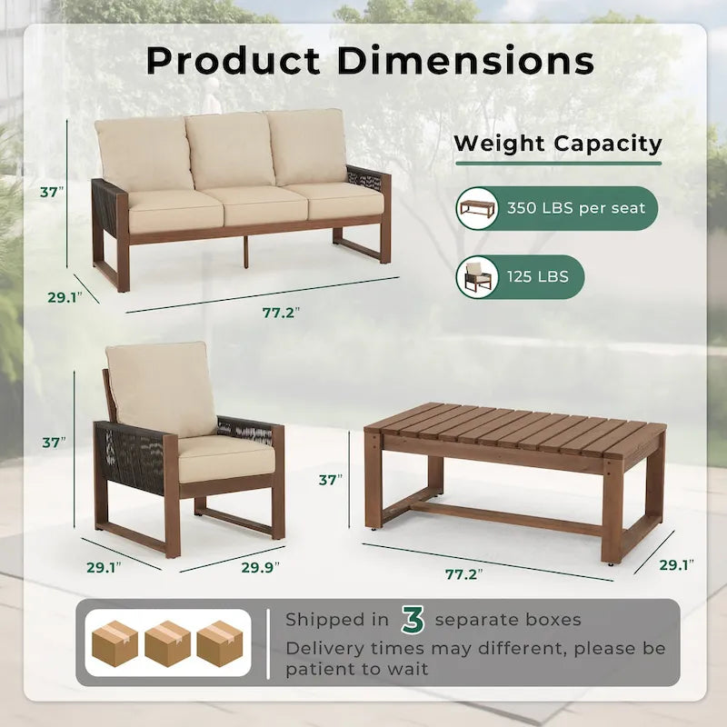 Ensemble de canapé d'extérieur 4 pièces avec table basse, mobilier de patio en résine tressée PE et bois de cèdre, ensemble de conversation de jardin avec coussins épais