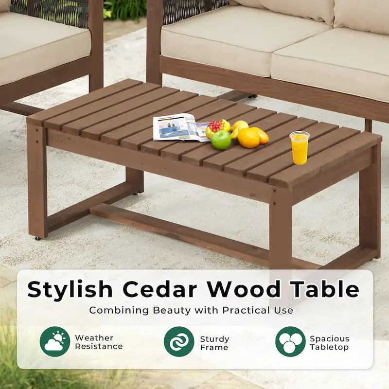 Ensemble de canapé d'extérieur 4 pièces avec table basse, mobilier de patio en résine tressée PE et bois de cèdre, ensemble de conversation de jardin avec coussins épais