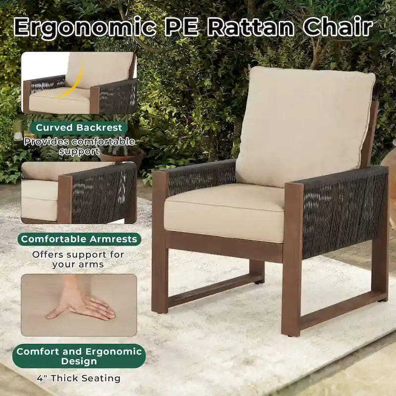 Ensemble de canapé d'extérieur 4 pièces avec table basse, mobilier de patio en résine tressée PE et bois de cèdre, ensemble de conversation de jardin avec coussins épais