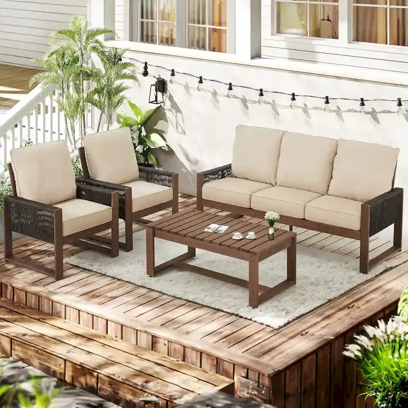 Ensemble de canapé d'extérieur 4 pièces avec table basse, mobilier de patio en résine tressée PE et bois de cèdre, ensemble de conversation de jardin avec coussins épais