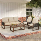 Ensemble de canapé d'extérieur 4 pièces avec table basse, mobilier de patio en résine tressée PE et bois de cèdre, ensemble de conversation de jardin avec coussins épais