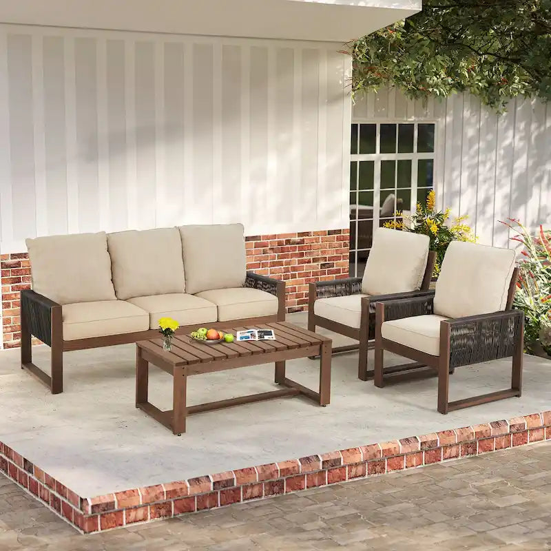 Ensemble de canapé d'extérieur 4 pièces avec table basse, mobilier de patio en résine tressée PE et bois de cèdre, ensemble de conversation de jardin avec coussins épais