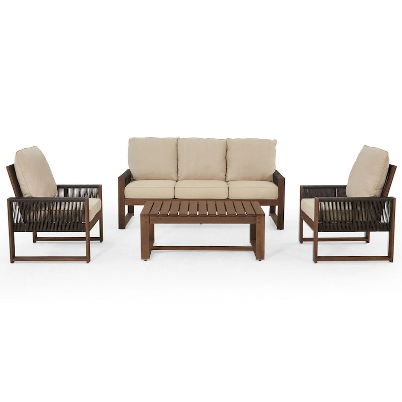 Ensemble de canapé d'extérieur 4 pièces avec table basse, mobilier de patio en résine tressée PE et bois de cèdre, ensemble de conversation de jardin avec coussins épais