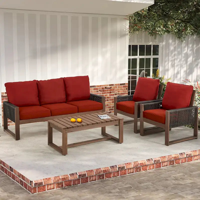 Ensemble de canapé d'extérieur 4 pièces avec table basse, mobilier de patio en résine tressée PE et bois de cèdre, ensemble de conversation de jardin avec coussins épais