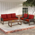 Ensemble de canapé d'extérieur 4 pièces avec table basse, mobilier de patio en résine tressée PE et bois de cèdre, ensemble de conversation de jardin avec coussins épais