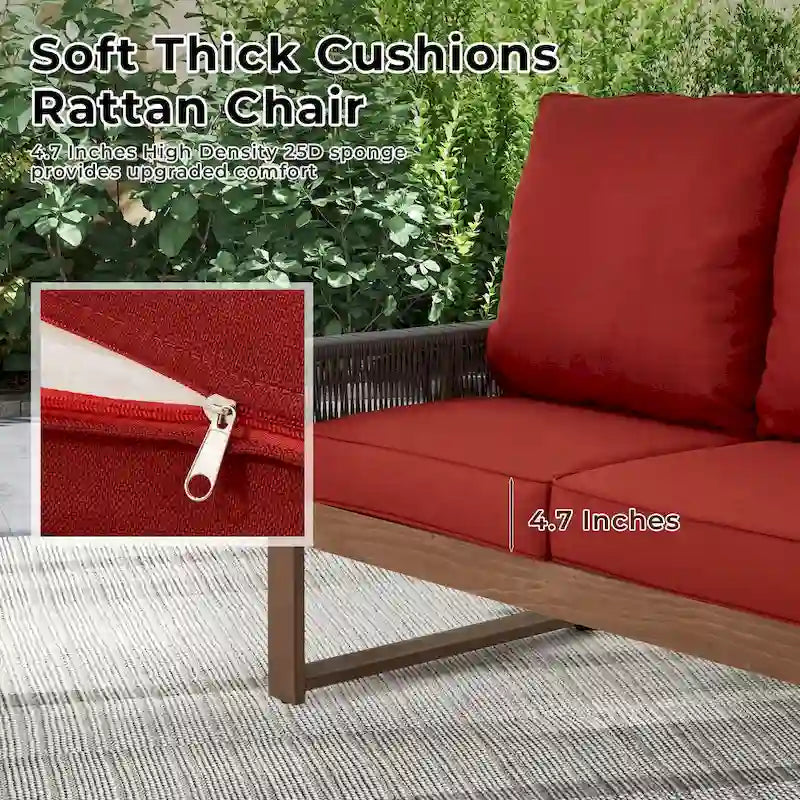 Ensemble de canapé d'extérieur 4 pièces avec table basse, mobilier de patio en résine tressée PE et bois de cèdre, ensemble de conversation de jardin avec coussins épais
