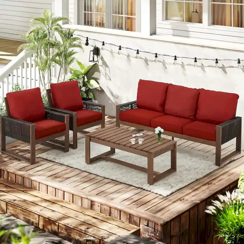 Ensemble de canapé d'extérieur 4 pièces avec table basse, mobilier de patio en résine tressée PE et bois de cèdre, ensemble de conversation de jardin avec coussins épais