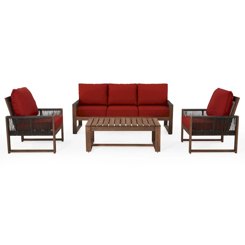 Ensemble de canapé d'extérieur 4 pièces avec table basse, mobilier de patio en résine tressée PE et bois de cèdre, ensemble de conversation de jardin avec coussins épais