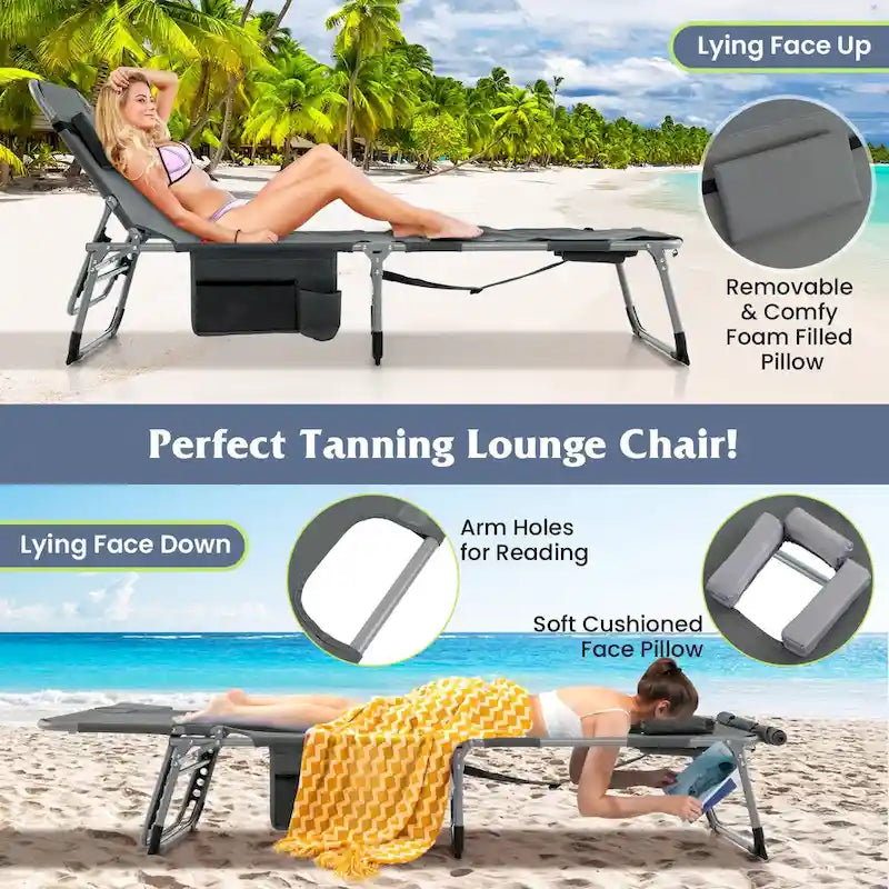 Chaise longue pliante d'extérieur Gymax à 5 positions avec trou pour le visage et
