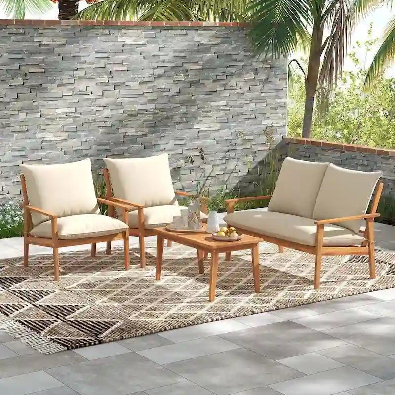 Ensemble de mobilier de jardin Costway 4 pièces en bois d'acacia avec coussins moelleux - Voir les détails