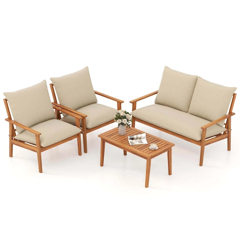 Ensemble de mobilier de jardin Costway 4 pièces en bois d'acacia avec coussins moelleux - Voir les détails