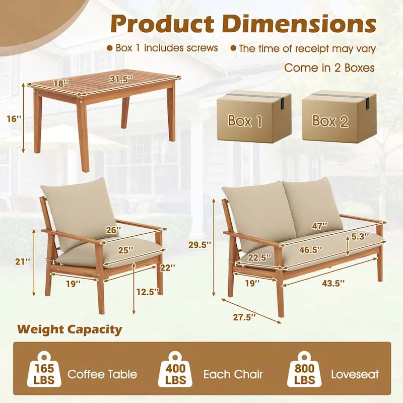 Ensemble de mobilier de jardin Costway 4 pièces en bois d'acacia avec coussins moelleux - Voir les détails