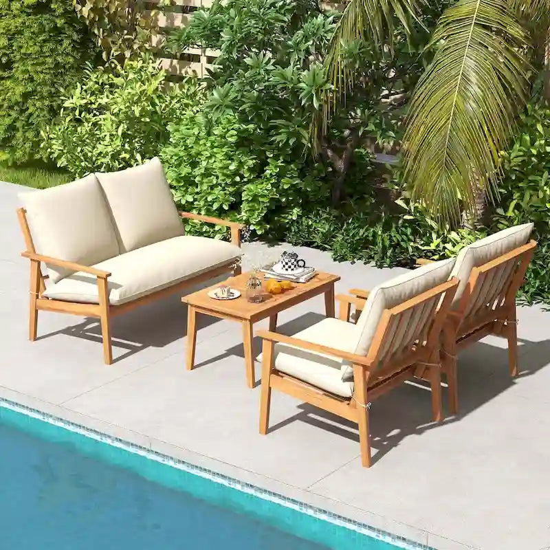 Ensemble de mobilier de jardin Costway 4 pièces en bois d'acacia avec coussins moelleux - Voir les détails