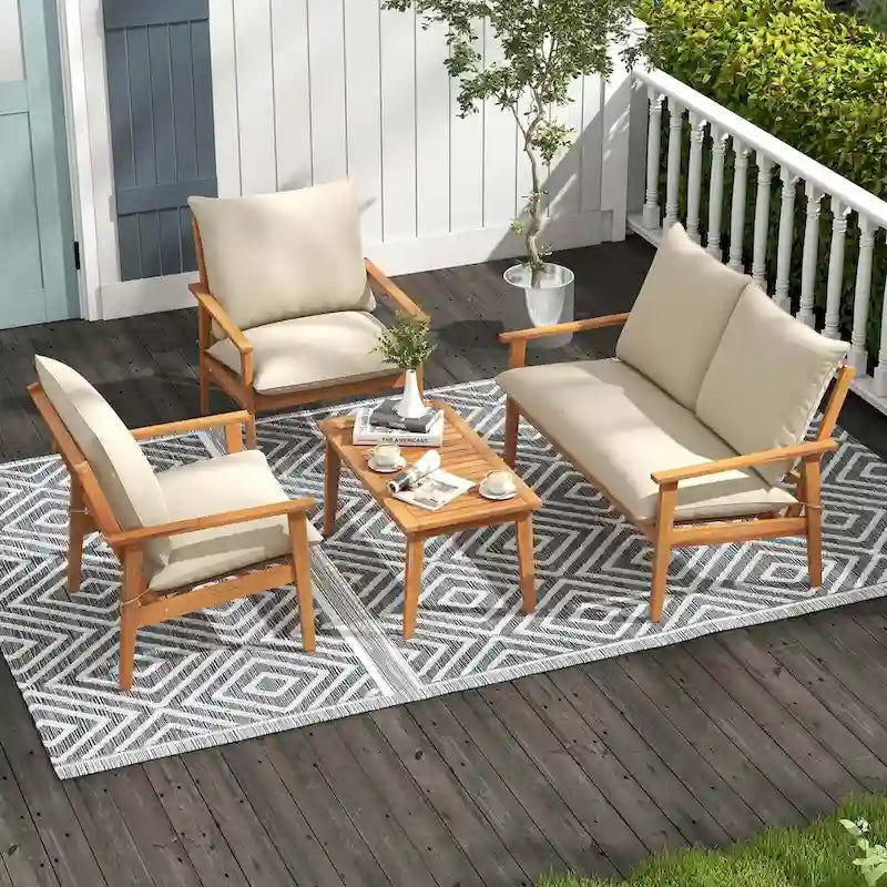 Ensemble de mobilier de jardin Costway 4 pièces en bois d'acacia avec coussins moelleux - Voir les détails