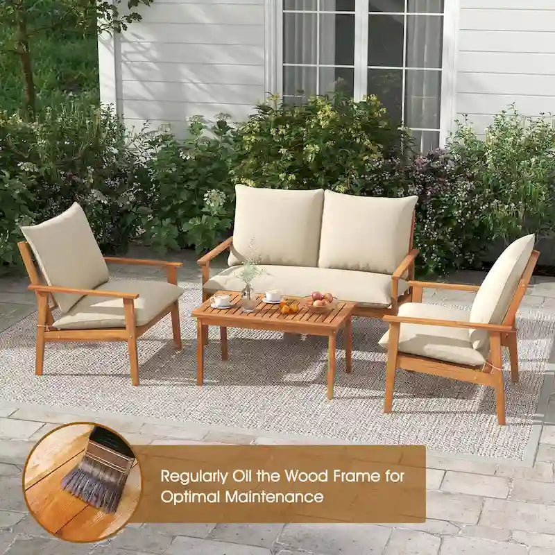 Ensemble de mobilier de jardin Costway 4 pièces en bois d'acacia avec coussins moelleux - Voir les détails