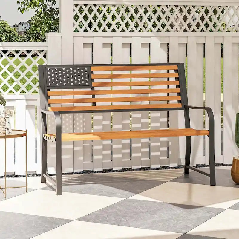 Banc de jardin Costway 50 avec dossier à motif drapeau et style rustique - Voir les détails