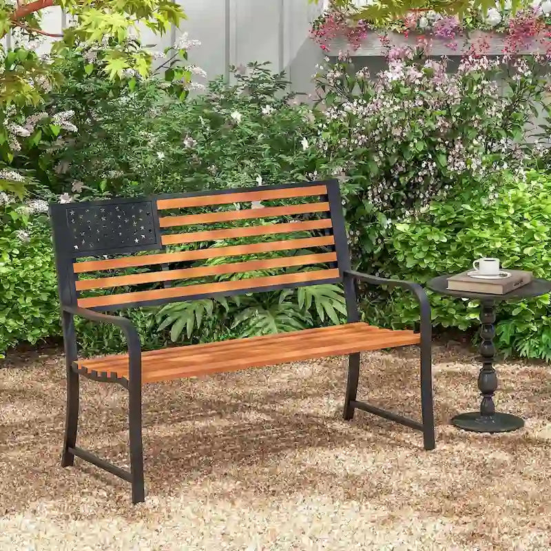 Banc de jardin Costway 50 avec dossier à motif drapeau et style rustique - Voir les détails