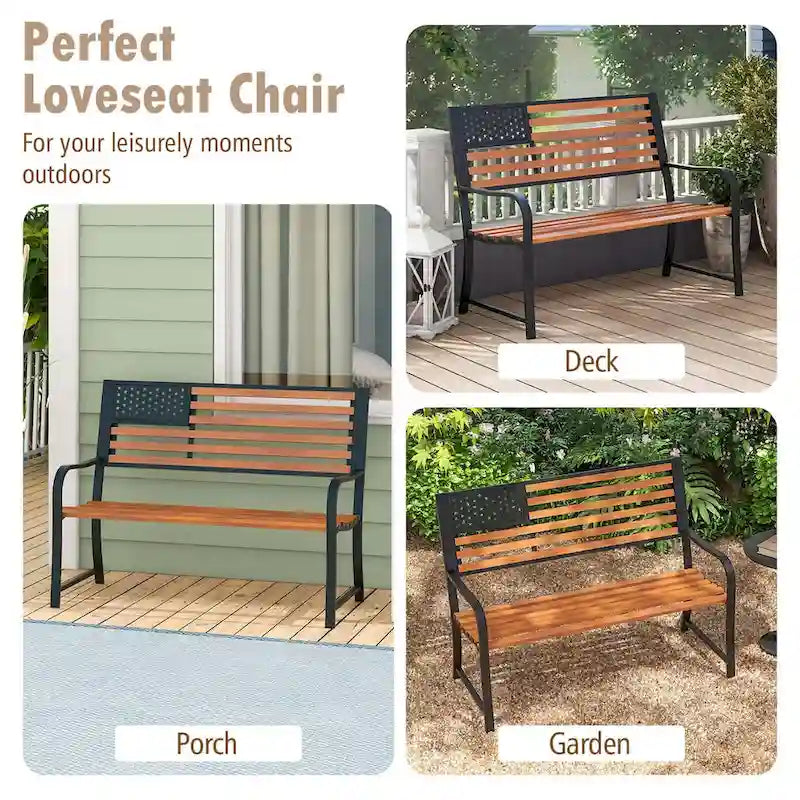 Banc de jardin Costway 50 avec dossier à motif drapeau et style rustique - Voir les détails