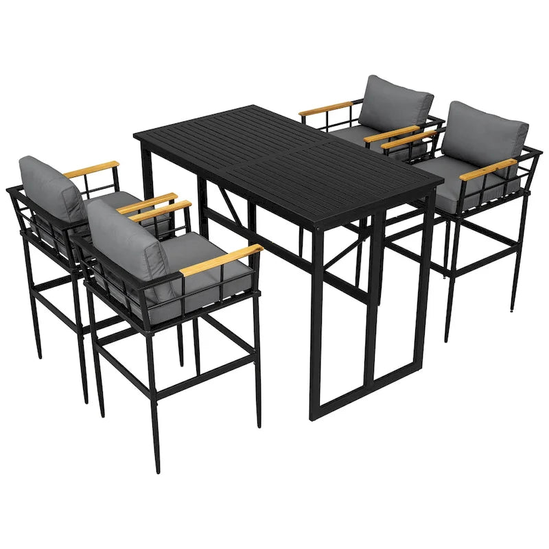 Ensemble de salle à manger d'extérieur 5 pièces en fer avec 4 chaises et coussins amovibles. Table et chaises modernes pour terrasse ou cour.