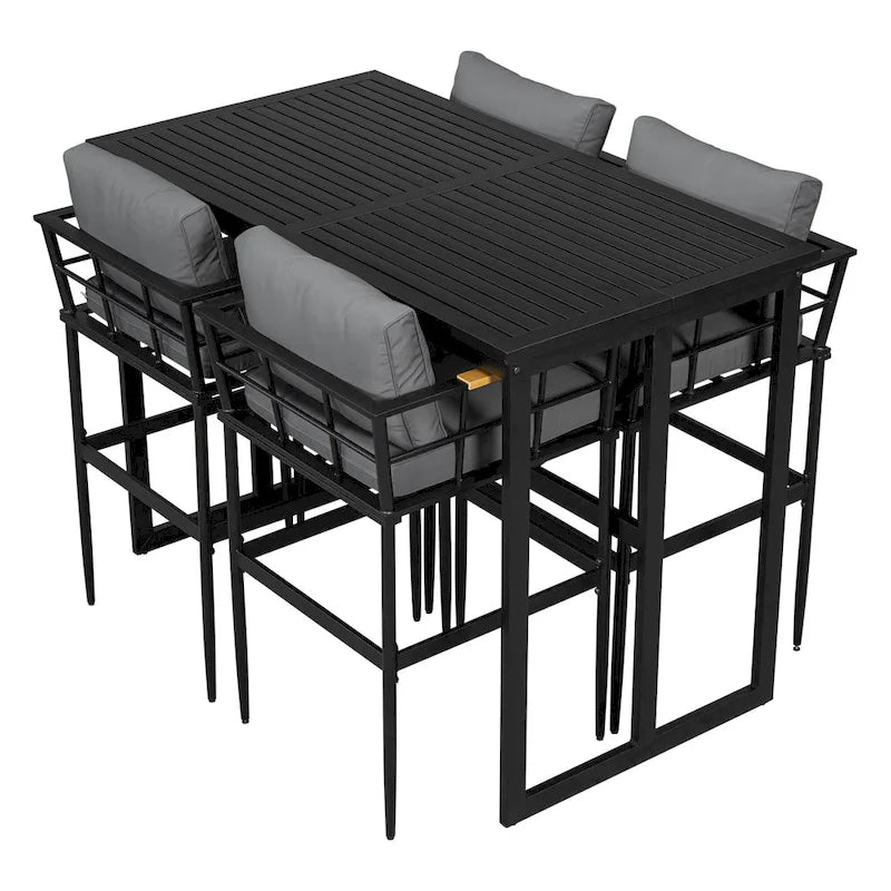 Ensemble de salle à manger d'extérieur 5 pièces en fer avec 4 chaises et coussins amovibles. Table et chaises modernes pour terrasse ou cour.