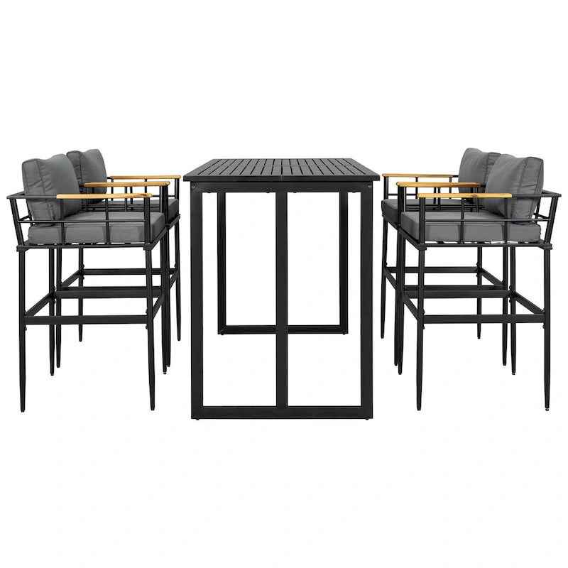 Ensemble de salle à manger d'extérieur 5 pièces en fer avec 4 chaises et coussins amovibles. Table et chaises modernes pour terrasse ou cour.