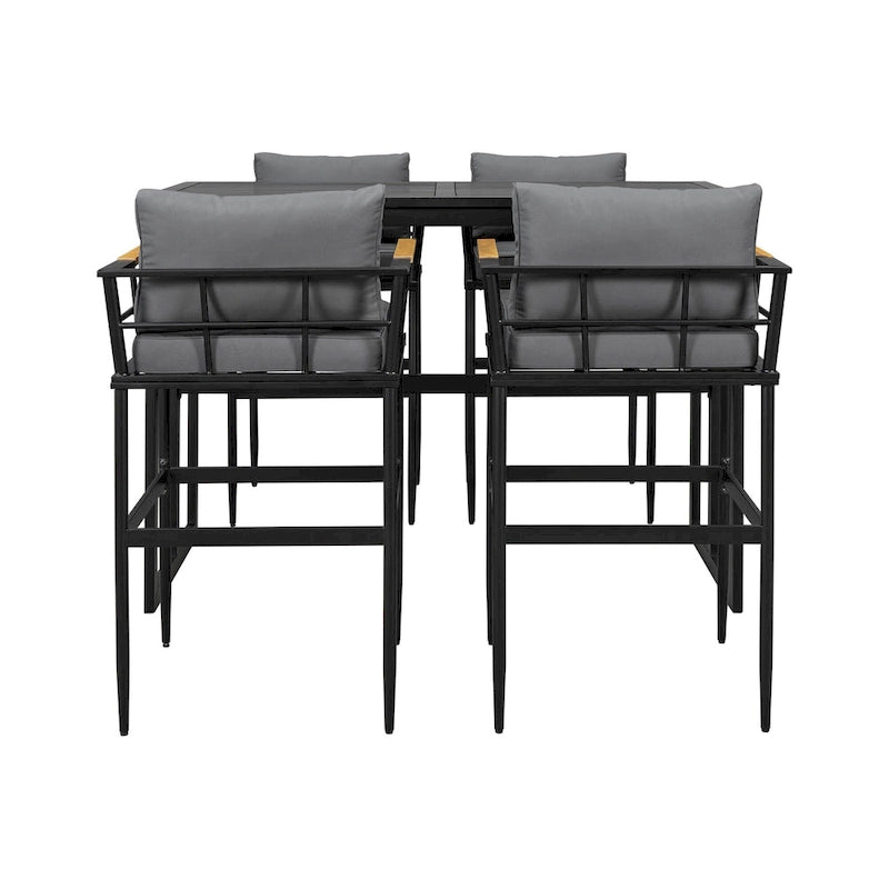 Ensemble de salle à manger d'extérieur 5 pièces en fer avec 4 chaises et coussins amovibles. Table et chaises modernes pour terrasse ou cour.