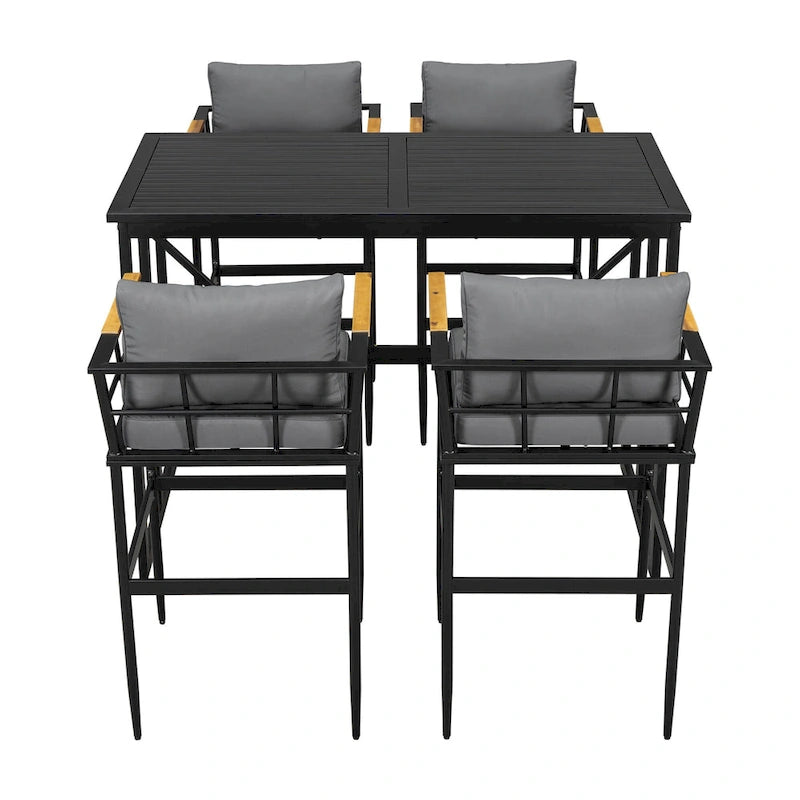 Ensemble de salle à manger d'extérieur 5 pièces en fer avec 4 chaises et coussins amovibles. Table et chaises modernes pour terrasse ou cour.