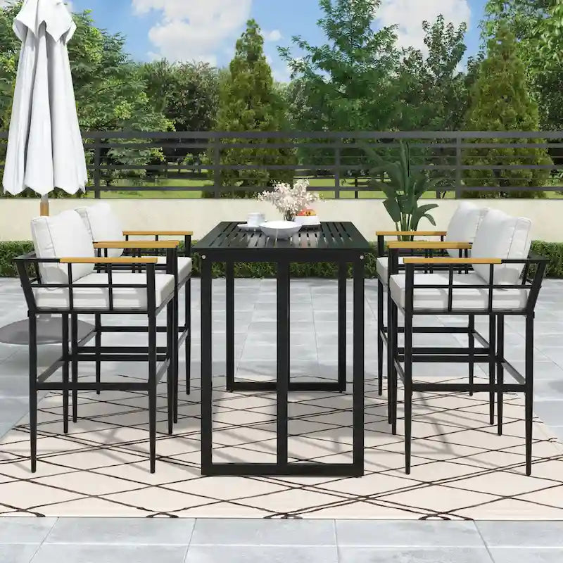 Ensemble de salle à manger d'extérieur 5 pièces en fer avec 4 chaises et coussins amovibles. Table et chaises modernes pour terrasse ou cour.