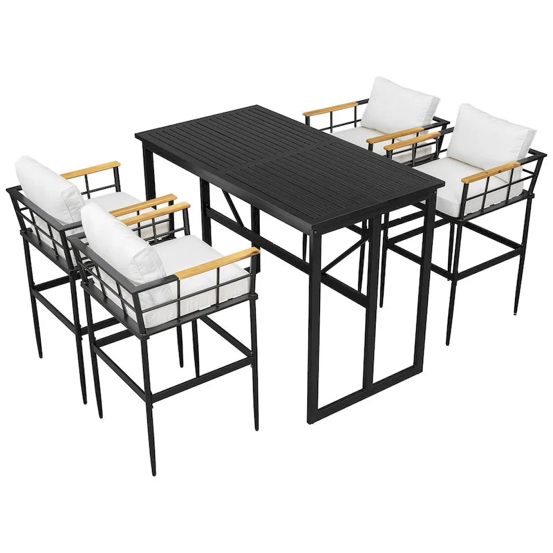 Ensemble de salle à manger d'extérieur 5 pièces en fer avec 4 chaises et coussins amovibles. Table et chaises modernes pour terrasse ou cour.