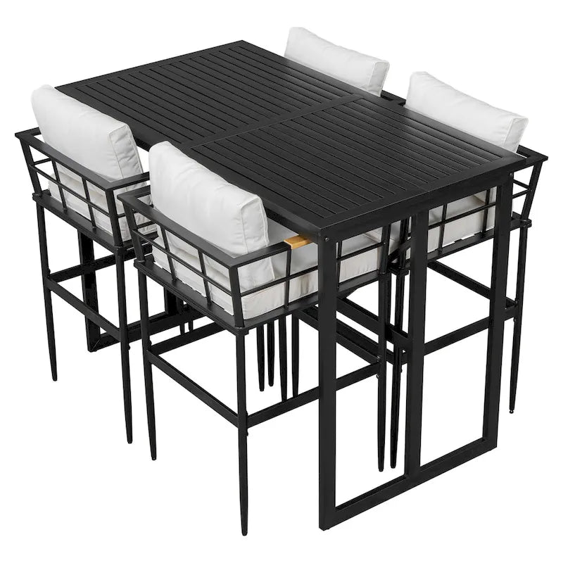 Ensemble de salle à manger d'extérieur 5 pièces en fer avec 4 chaises et coussins amovibles. Table et chaises modernes pour terrasse ou cour.