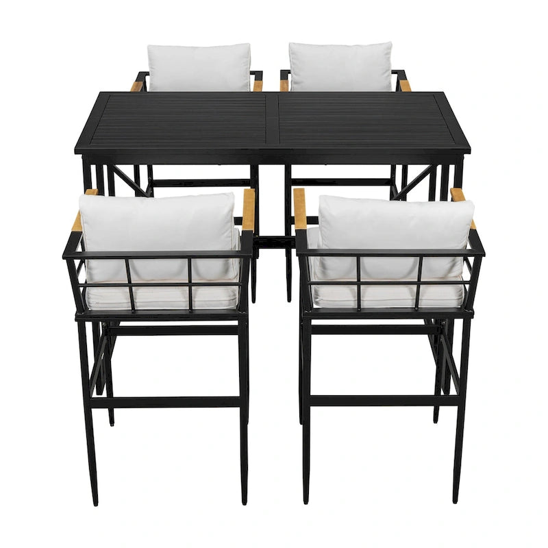 Ensemble de salle à manger d'extérieur 5 pièces en fer avec 4 chaises et coussins amovibles. Table et chaises modernes pour terrasse ou cour.