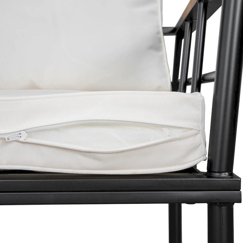 Ensemble de salle à manger d'extérieur 5 pièces en fer avec 4 chaises et coussins amovibles. Table et chaises modernes pour terrasse ou cour.