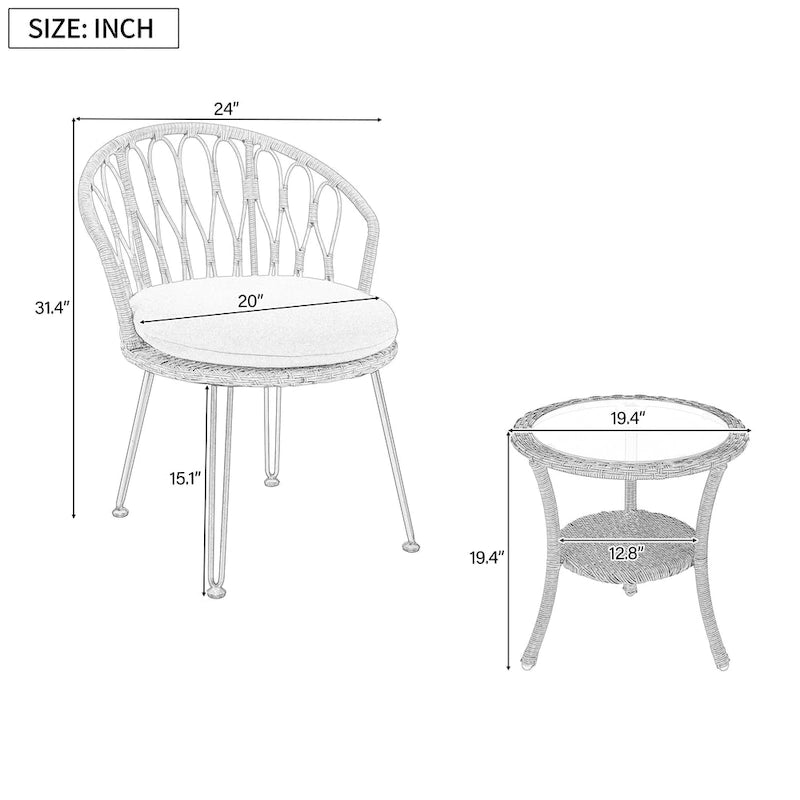Ensemble de salle à manger d'extérieur 3 pièces comprenant une table basse ronde en verre avec étagère de rangement et 2 chaises en rotin avec coussins.