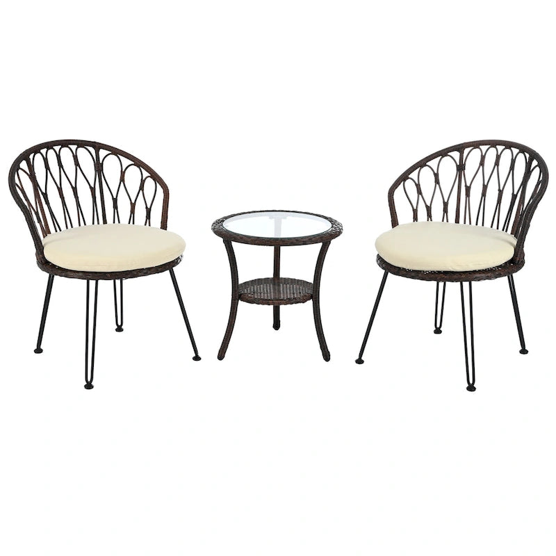 Ensemble de salle à manger d'extérieur 3 pièces comprenant une table basse ronde en verre avec étagère de rangement et 2 chaises en rotin avec coussins.