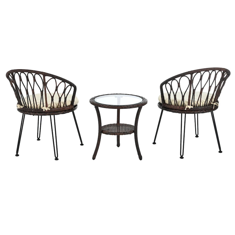 Ensemble de salle à manger d'extérieur 3 pièces comprenant une table basse ronde en verre avec étagère de rangement et 2 chaises en rotin avec coussins.
