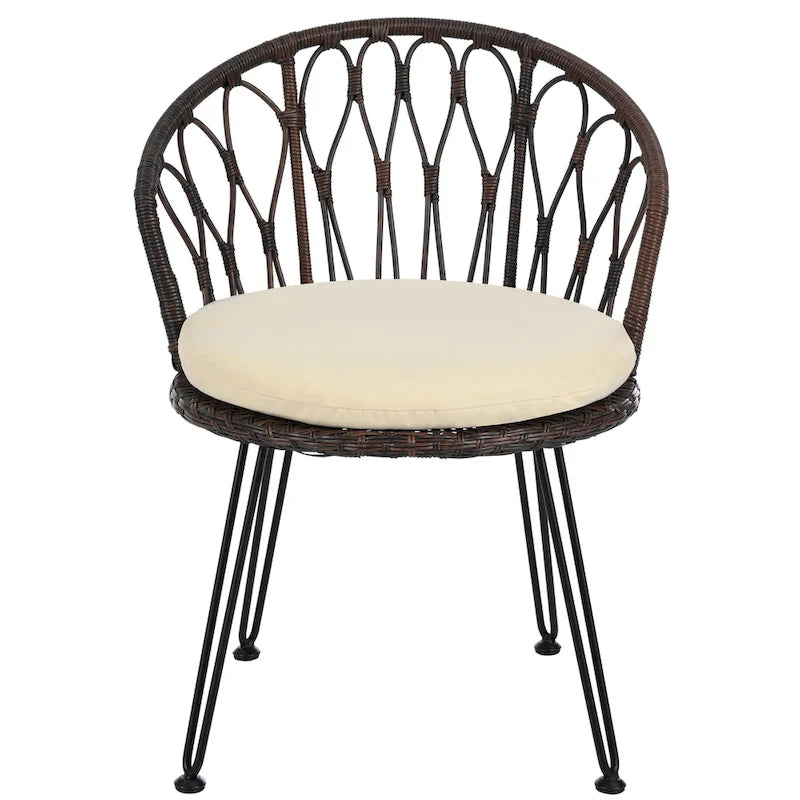 Ensemble de salle à manger d'extérieur 3 pièces comprenant une table basse ronde en verre avec étagère de rangement et 2 chaises en rotin avec coussins.