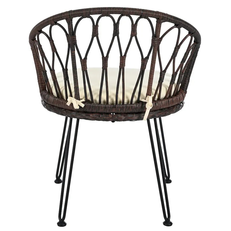 Ensemble de salle à manger d'extérieur 3 pièces comprenant une table basse ronde en verre avec étagère de rangement et 2 chaises en rotin avec coussins.