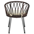 Ensemble de salle à manger d'extérieur 3 pièces comprenant une table basse ronde en verre avec étagère de rangement et 2 chaises en rotin avec coussins.