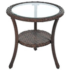 Ensemble de salle à manger d'extérieur 3 pièces comprenant une table basse ronde en verre avec étagère de rangement et 2 chaises en rotin avec coussins.