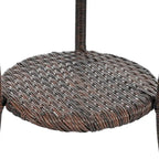Ensemble de salle à manger d'extérieur 3 pièces comprenant une table basse ronde en verre avec étagère de rangement et 2 chaises en rotin avec coussins.
